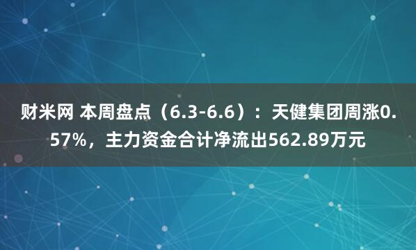 财米网 本周盘点（6.3-6.6）：天健集团周涨0.57%，主力资金合计净流出562.89万元